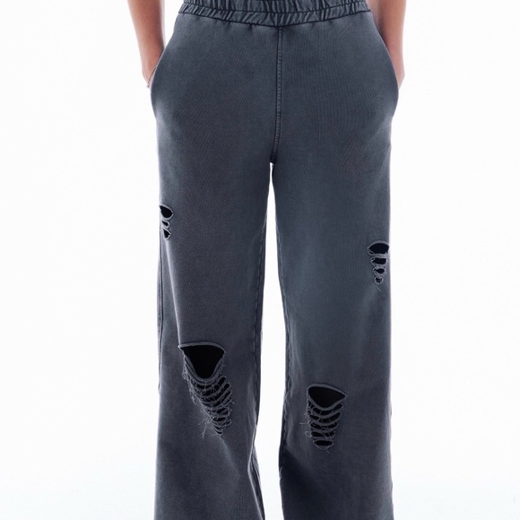 Pants - Wide Leg Distressed Women's Jeans - Charcoal Gray